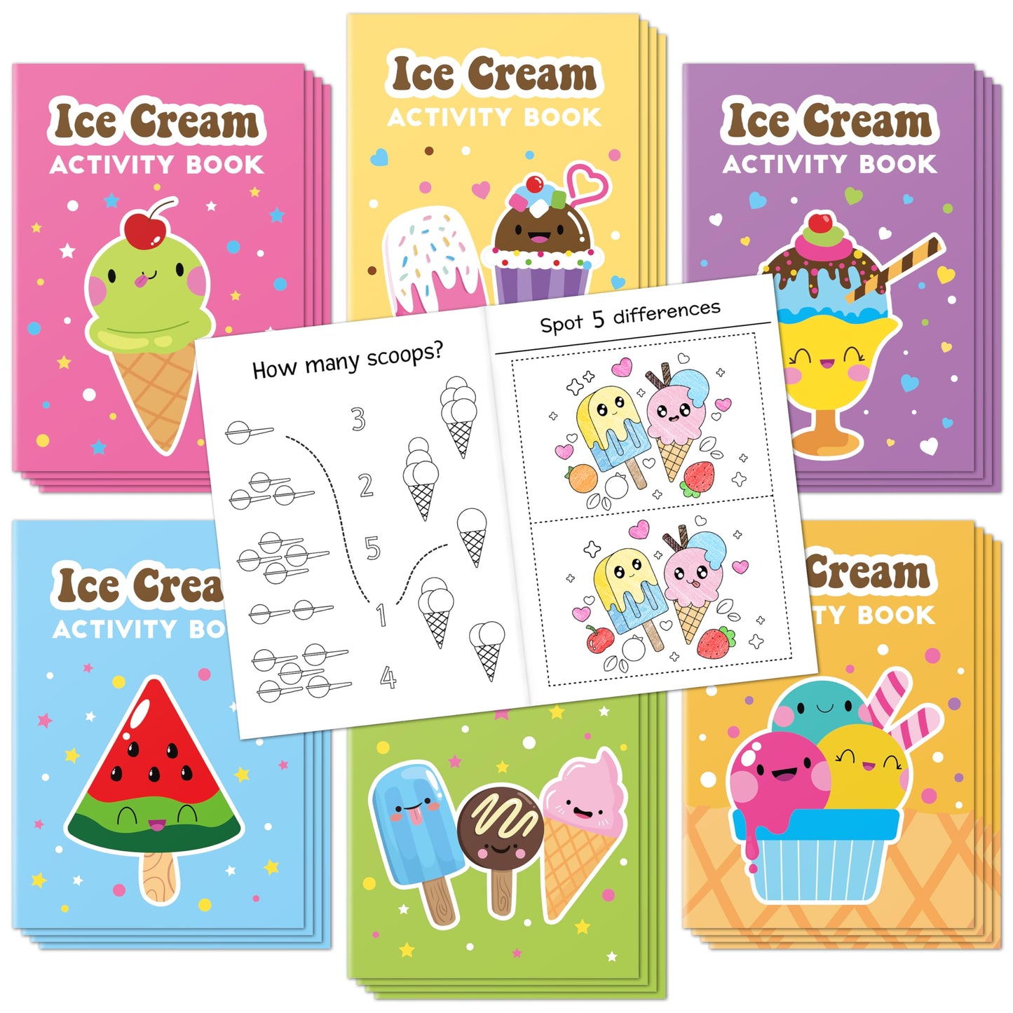 X1zuue Ice Cream Activity Books for Kids – 24-Piece Set with Mazes, Word Puzzles & Coloring | Party Favors