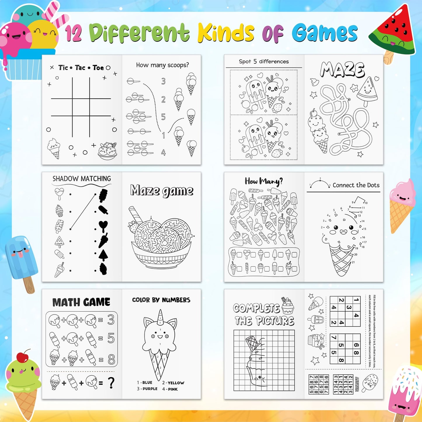 X1zuue Ice Cream Activity Books for Kids – 24-Piece Set with Mazes, Word Puzzles & Coloring | Party Favors