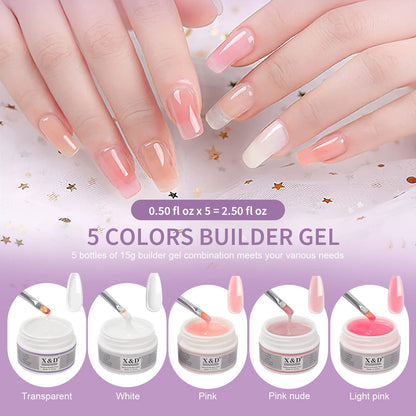 X&D Poly Gel Nail Kit: 5 Colors, Dual Forms, Brush & File Set