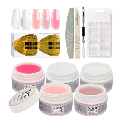 X&D Poly Gel Nail Kit: 5 Colors, Dual Forms, Brush & File Set