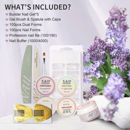 X&D Poly Gel Nail Kit: 5 Colors, Dual Forms, Brush & File Set