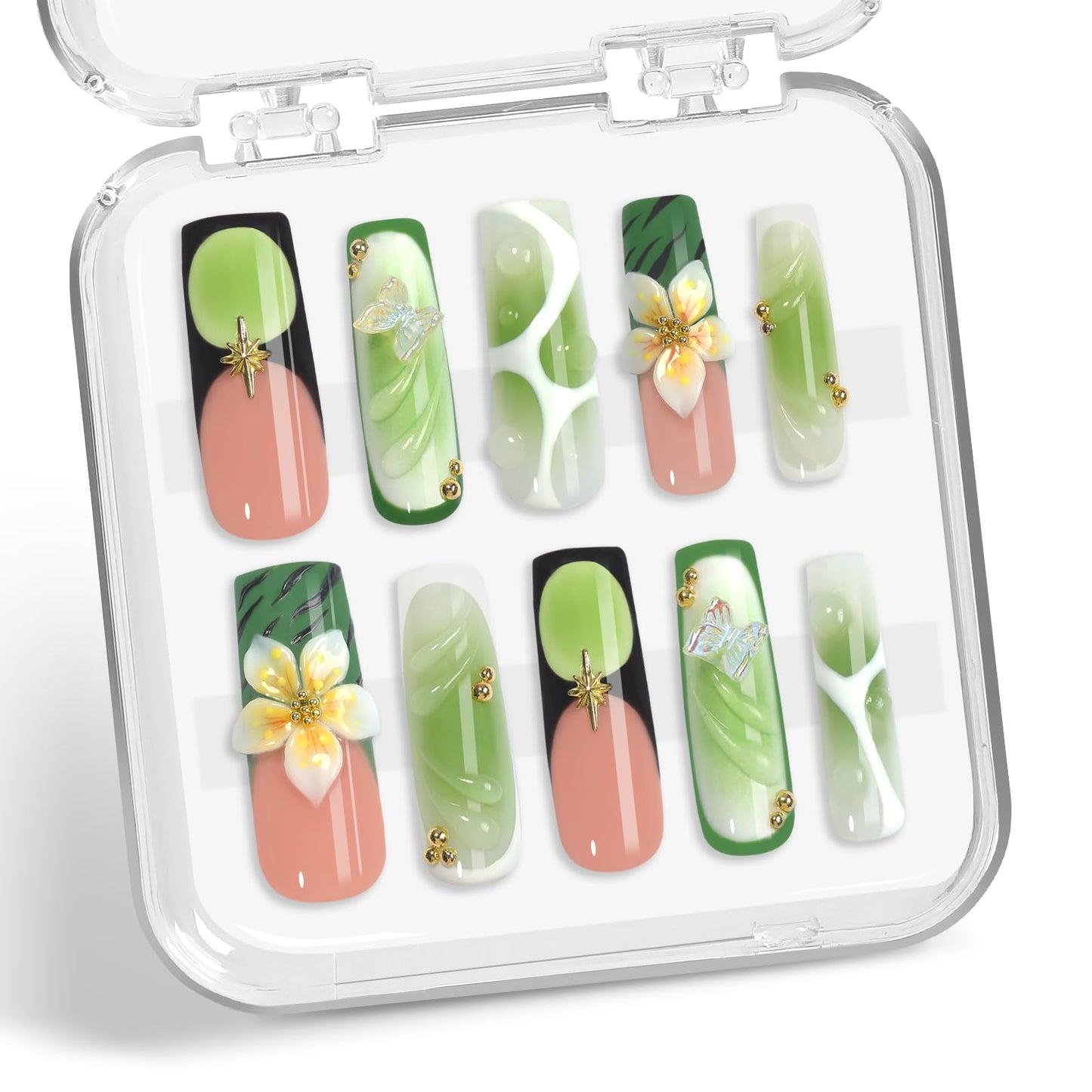 XGV 10pcs Handmade Press-On Nails – Medium Long Square Nude Pink Green with 3D Flowers