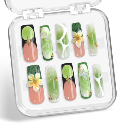 XGV 10pcs Handmade Press-On Nails – Medium Long Square Nude Pink Green with 3D Flowers