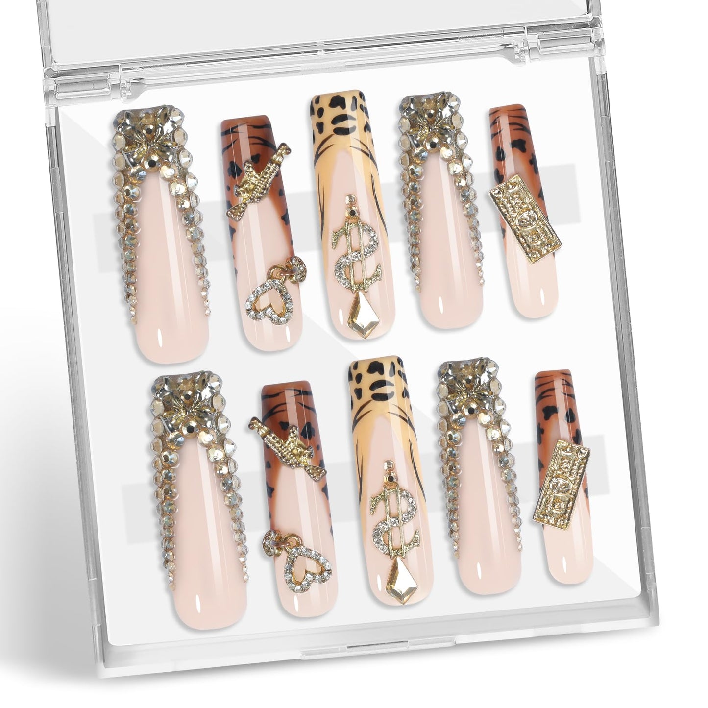 XGV Handmade Press-On Nails Long Square 10pcs – Pink Rhinestones, Reusable