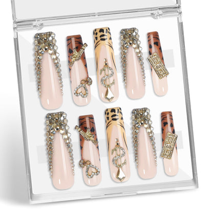 XGV Handmade Press-On Nails Long Square 10pcs – Pink Rhinestones, Reusable
