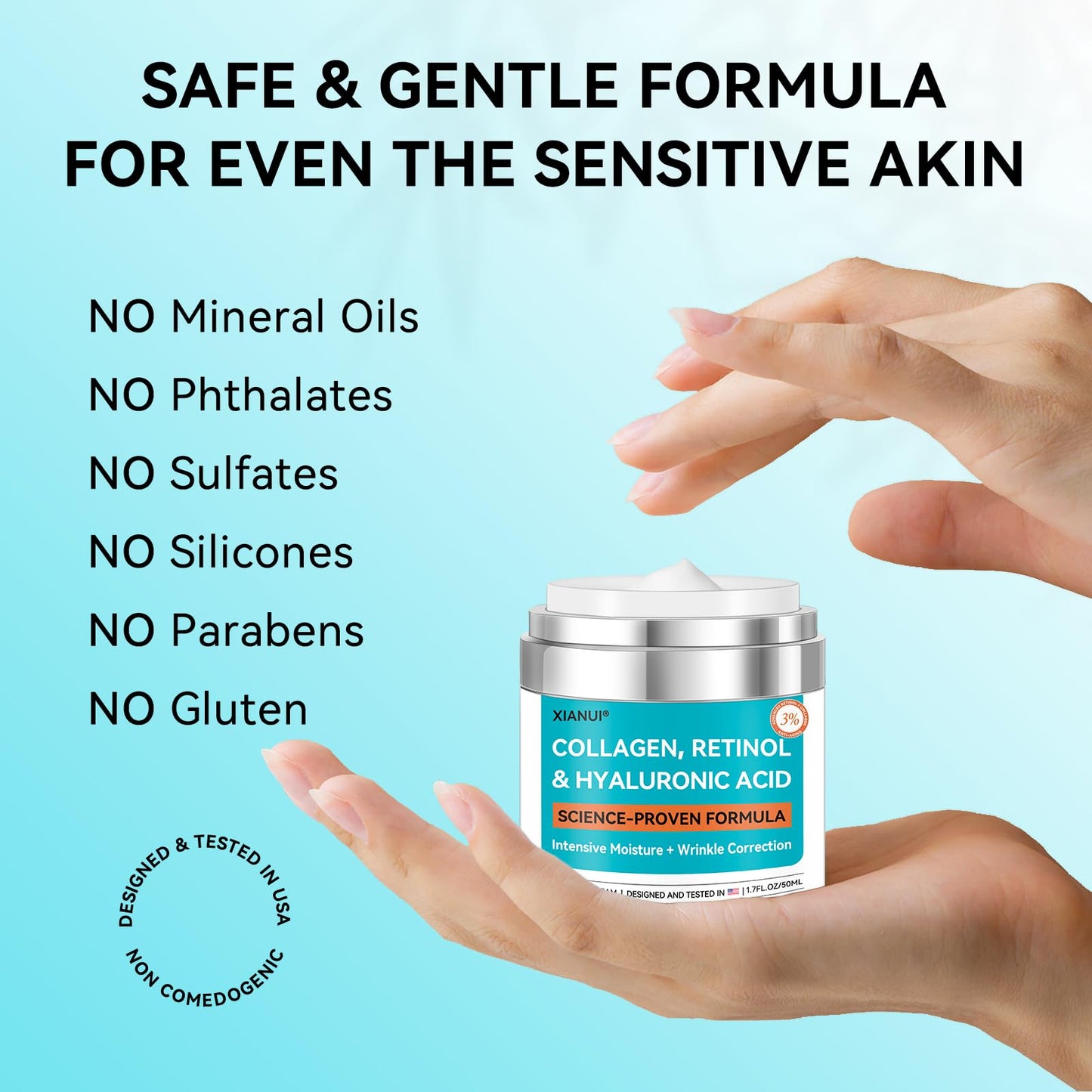 XIANUI Retinol Face Cream with Collagen & Hyaluronic Acid - Anti-Aging Moisturizer for All Skin Types (1.7 fl oz)