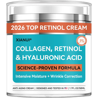 XIANUI Retinol Face Cream with Collagen & Hyaluronic Acid - Anti-Aging Moisturizer for All Skin Types (1.7 fl oz)