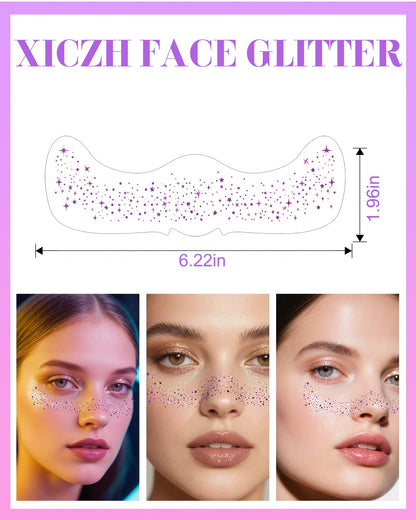 XICZH Purple Face Glitter Patches – 10 Pcs Temporary Tattoos for Festivals & Concerts
