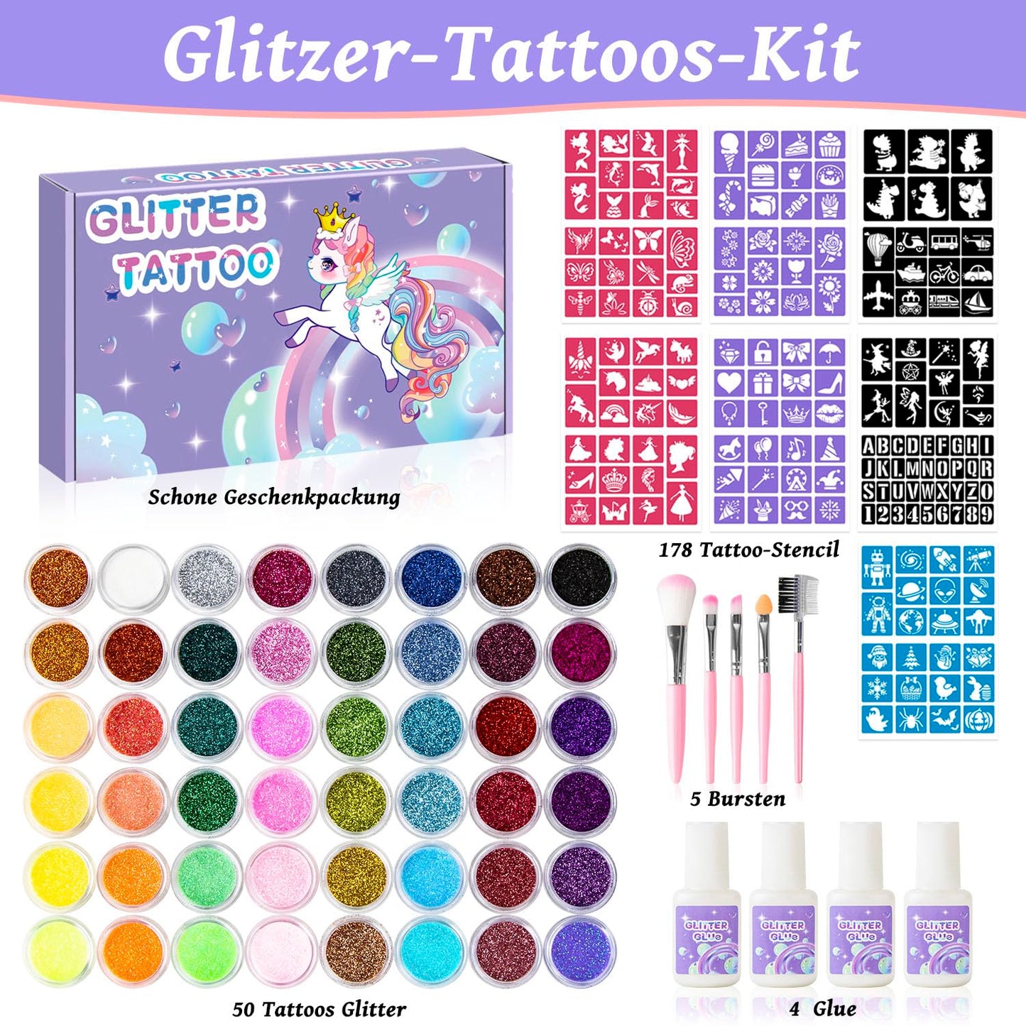 XiQiDianr Temporary Glitter Tattoos Kit for Kids – 48 Colors, 178 Stencils, 4 Glue, 5 Brushes