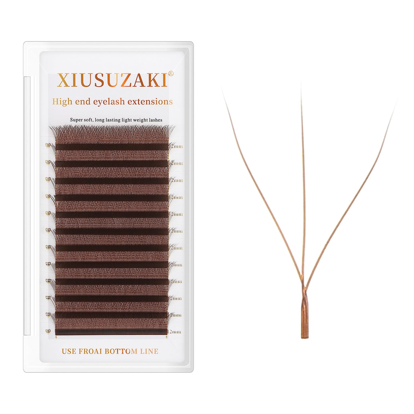 XIUSUZAKI Brown 3D W-Lash Extensions, 0.07mm | Premade Fans, C/D Curl, 12-Row Tray