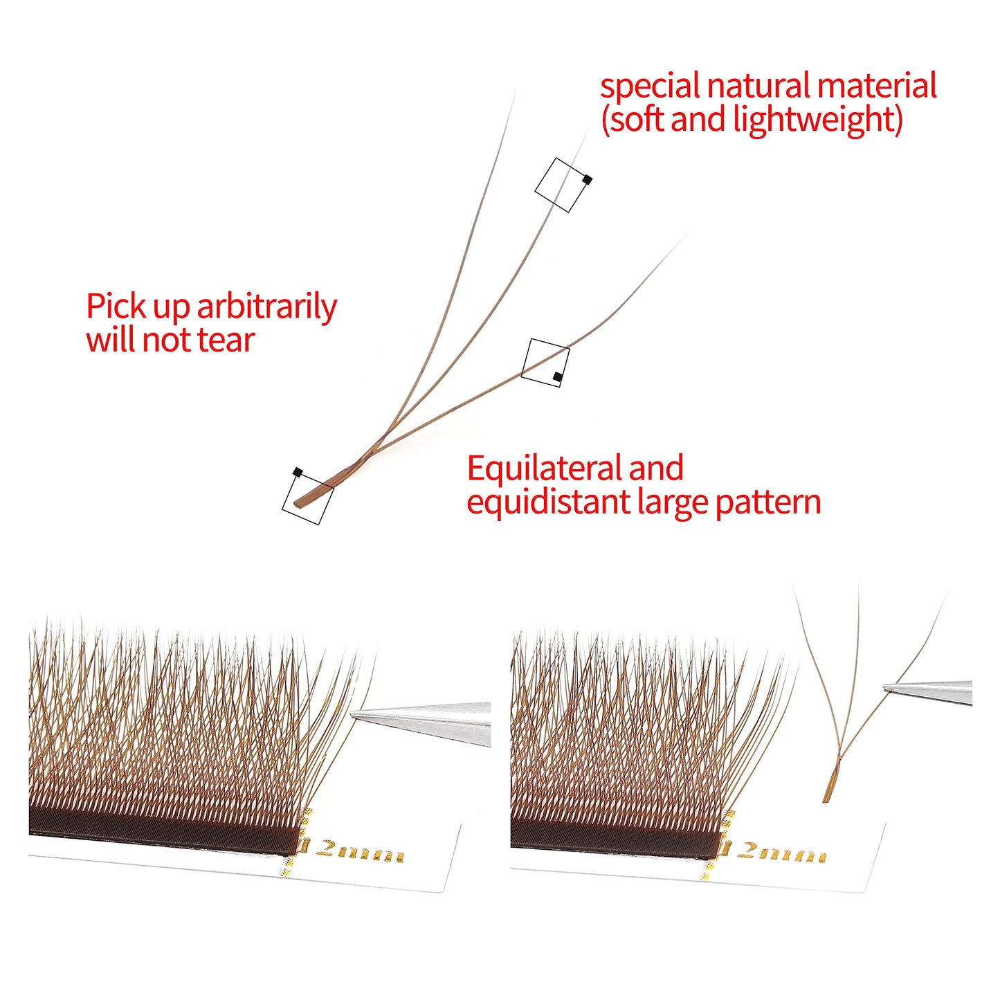 XIUSUZAKI Brown 3D W-Lash Extensions, 0.07mm | Premade Fans, C/D Curl, 12-Row Tray