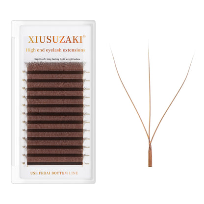 XIUSUZAKI W Lash Extensions – Brown 3D Premade Fans, 0.07mm, C/D Curl, 14mm