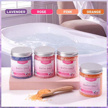 XIWEIOO 4 Pack Bath Salt Kit – Himalayan Pink Salt with Lavender, Orange & Rose Scents