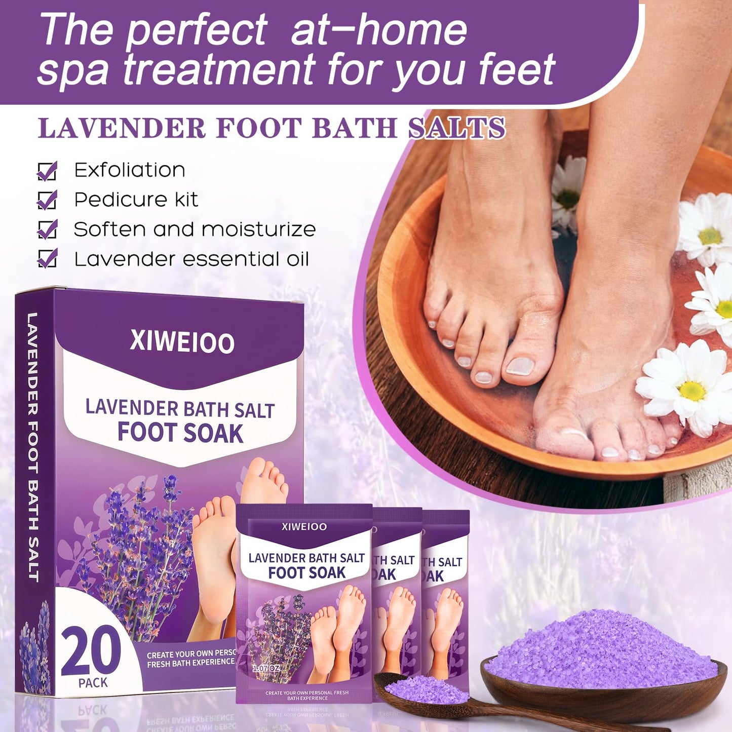 XIWEIOO Foot Soak Salt with Tea Tree Oil – Moisturize, Odor Control & Soothe Tired Feet
