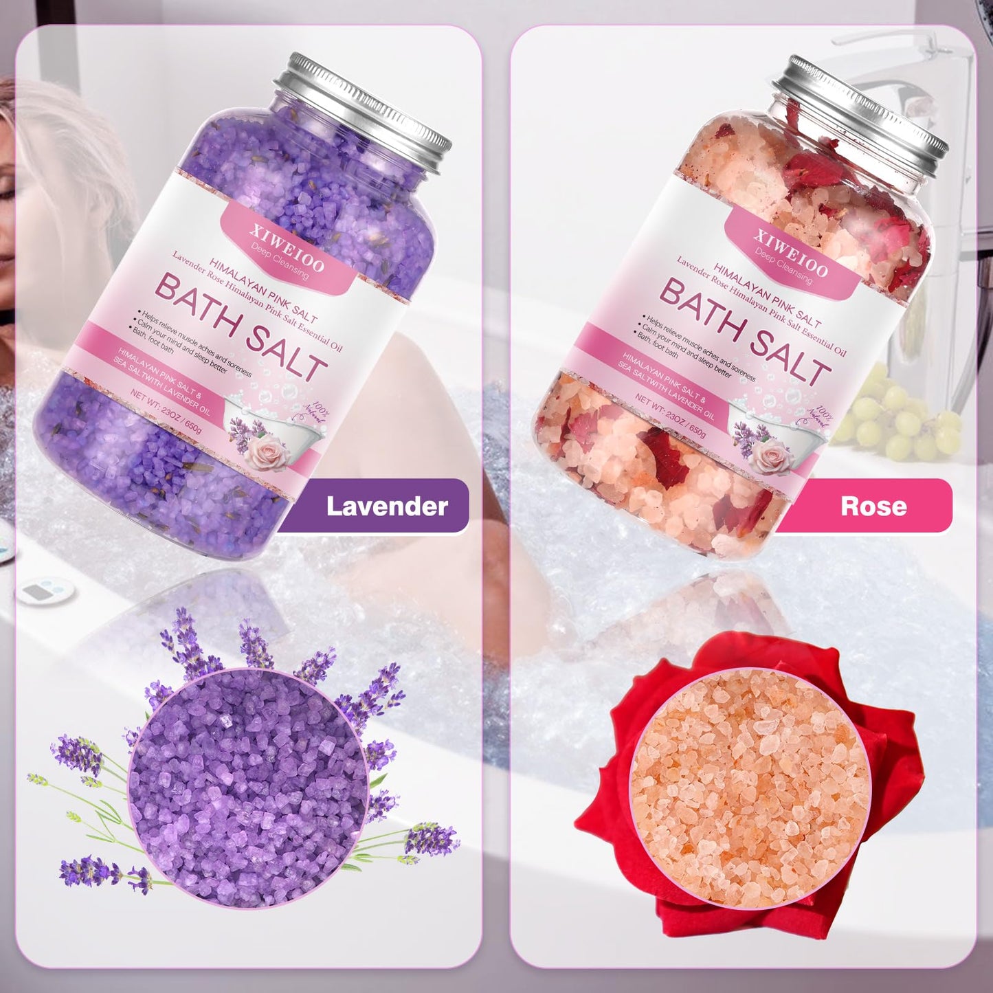 XIWEIOO Bath Salts Kit – Himalayan Pink Salt (46 oz) with Rose & Lavender Oils