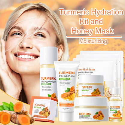 XMXueMei Turmeric Skin Care Set – 9-Piece Kit with Honey Sheet Masks, Soap Bar, Cleanser, Toner, Serum, Moisturizer, and Eye Cream