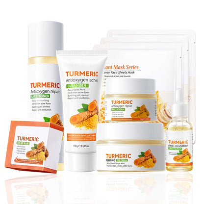 XMXueMei Turmeric Skin Care Set – 9-Piece Kit with Honey Sheet Masks, Soap Bar, Cleanser, Toner, Serum, Moisturizer, and Eye Cream