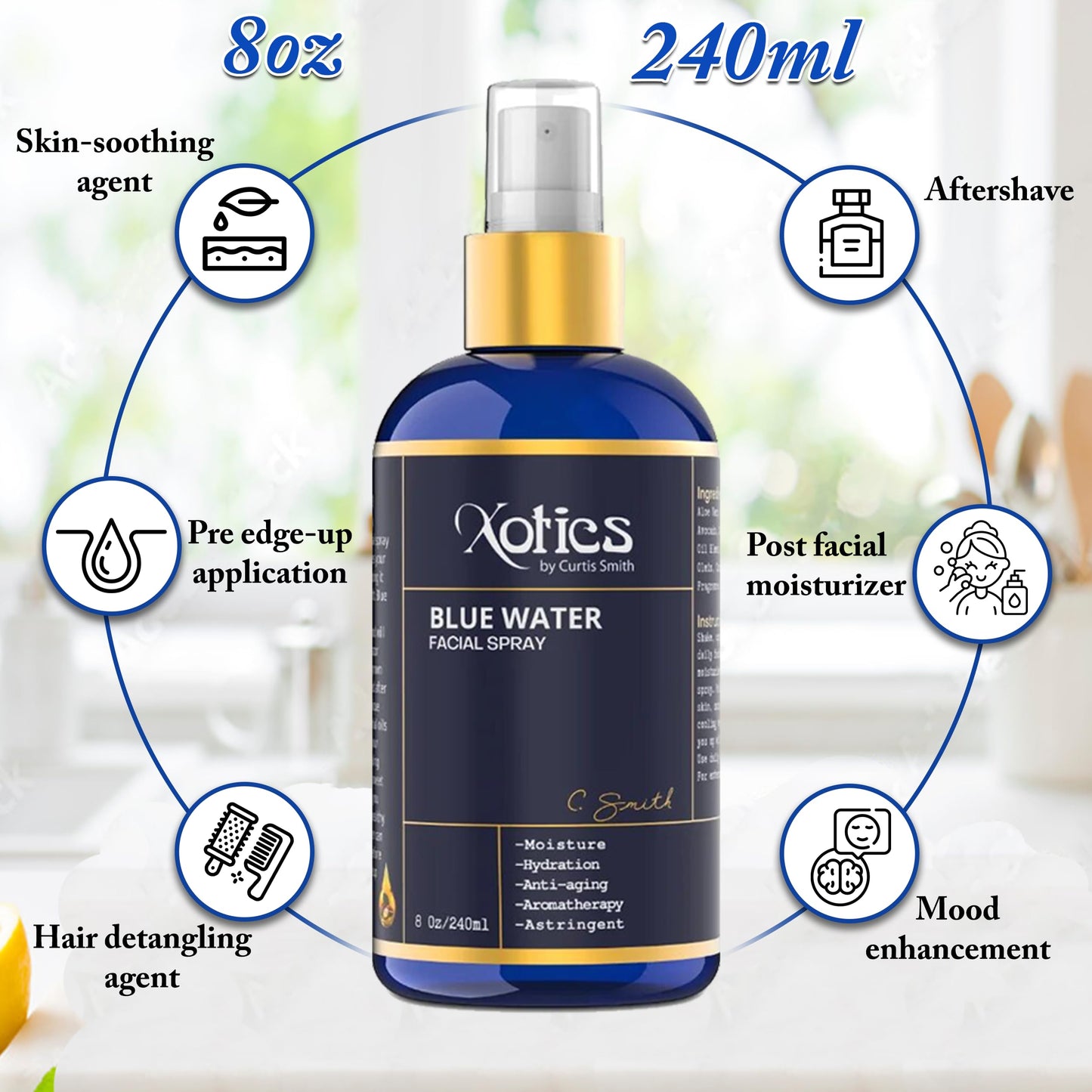 Xotics Blue Water Facial Spray - Hydrating Aloe Vera Mist, 8oz for All Skin Types