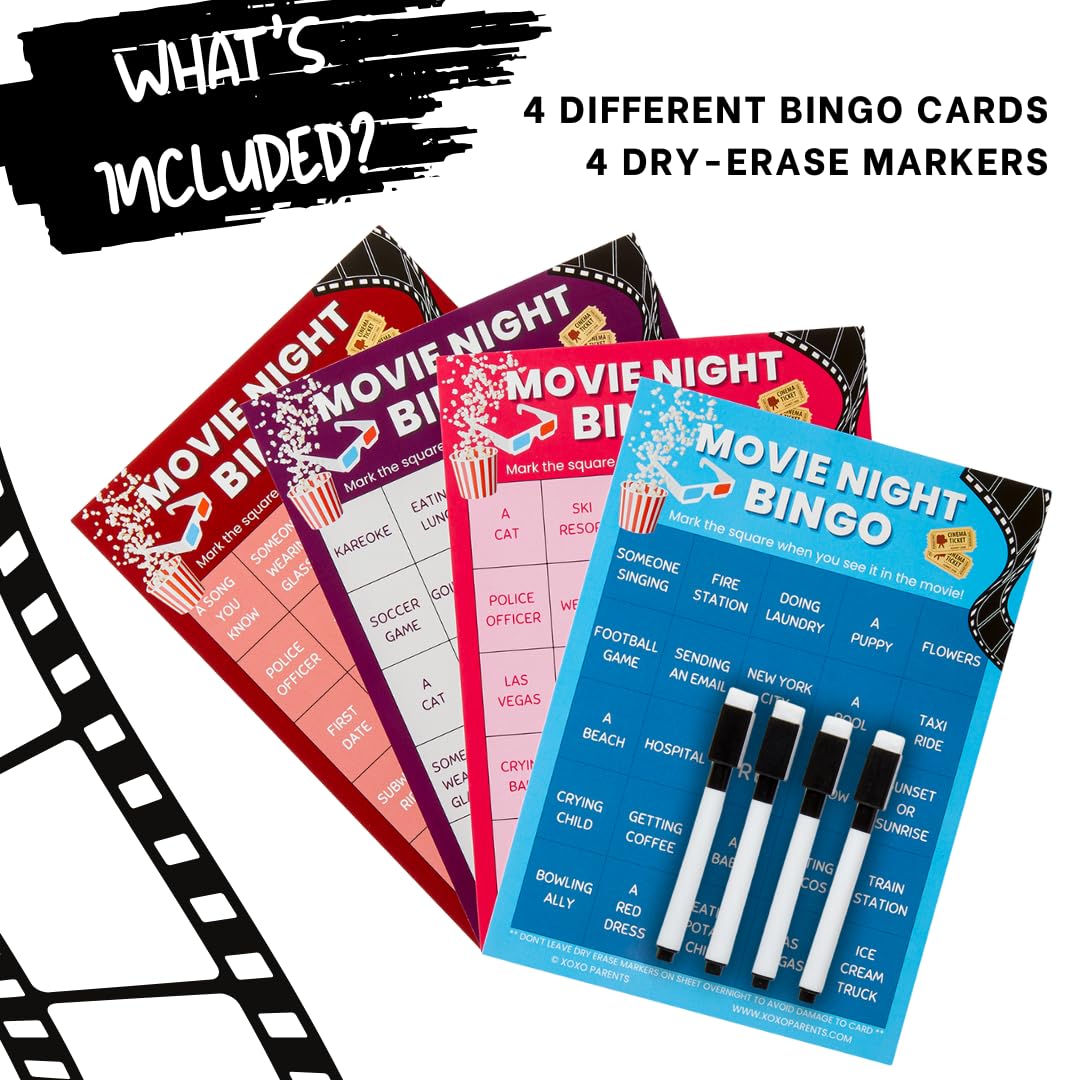 XOXO Parents Movie Night Bingo Cards – 4 Reusable Cards with Dry Erase Markers
