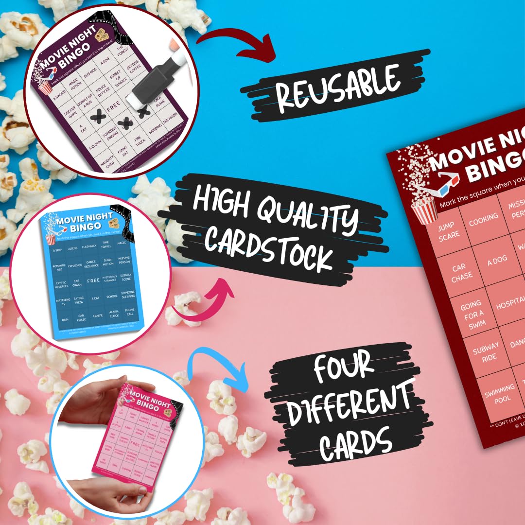 XOXO Parents Movie Night Bingo Cards – 4 Reusable Cards with Dry Erase Markers