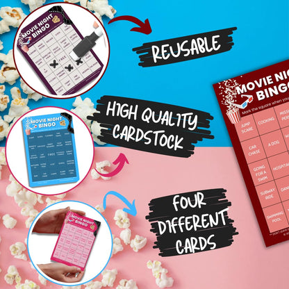 XOXO Parents Movie Night Bingo Cards – 4 Reusable Cards with Dry Erase Markers
