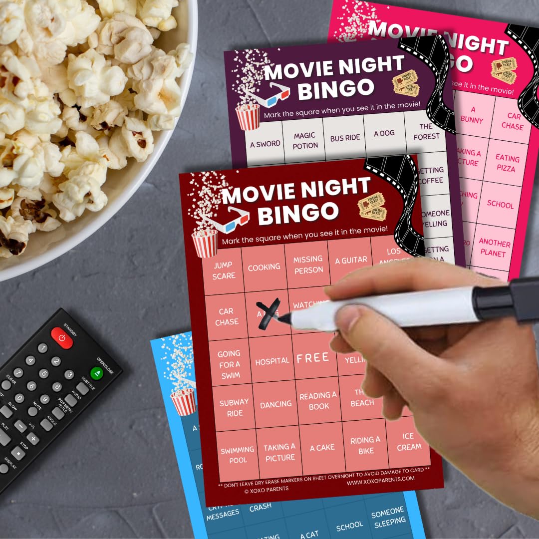 XOXO Parents Movie Night Bingo Cards – 4 Reusable Cards with Dry Erase Markers