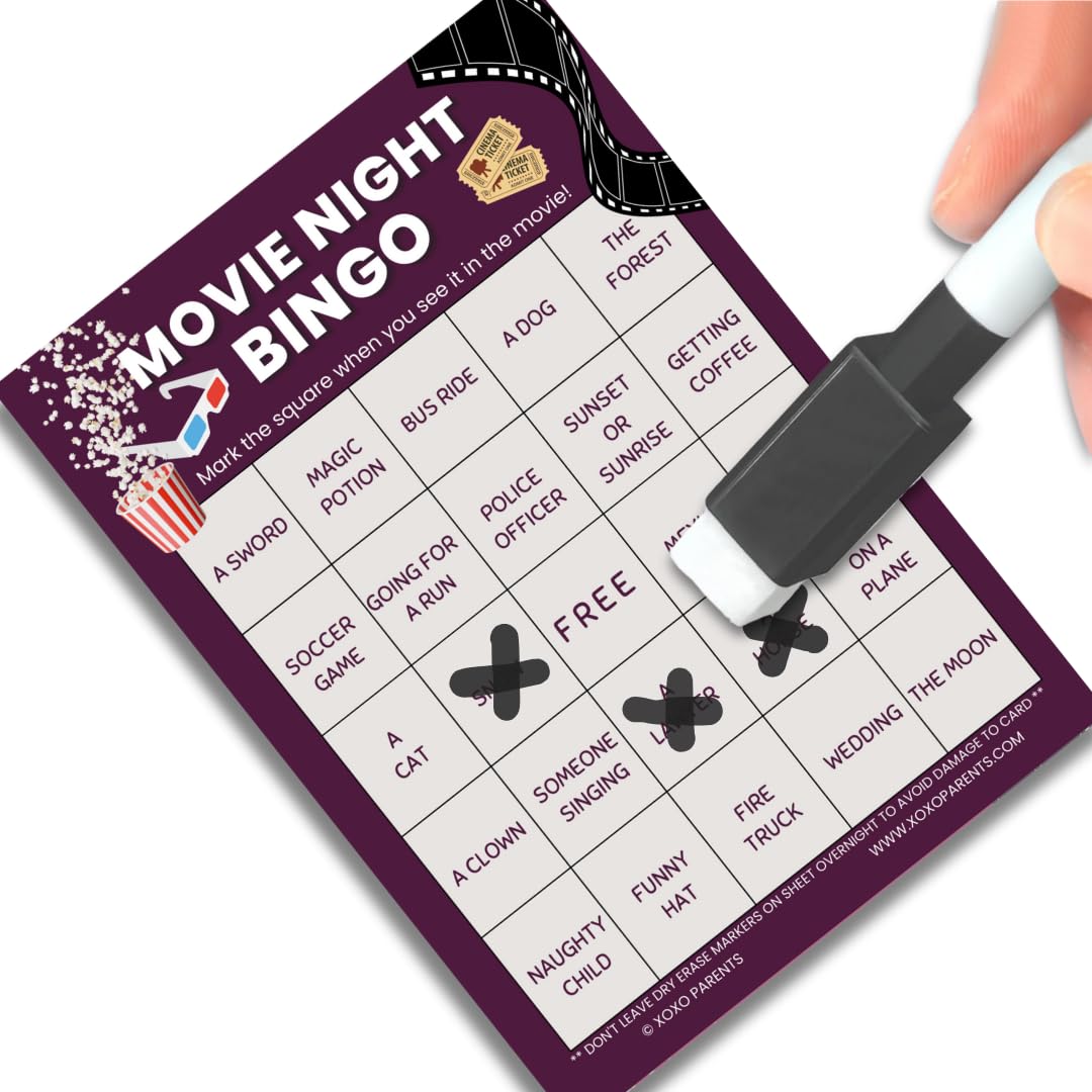 XOXO Parents Movie Night Bingo Cards – 4 Reusable Cards with Dry Erase Markers