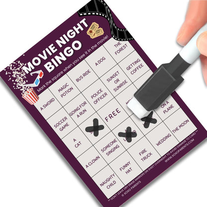 XOXO Parents Movie Night Bingo Cards – 4 Reusable Cards with Dry Erase Markers
