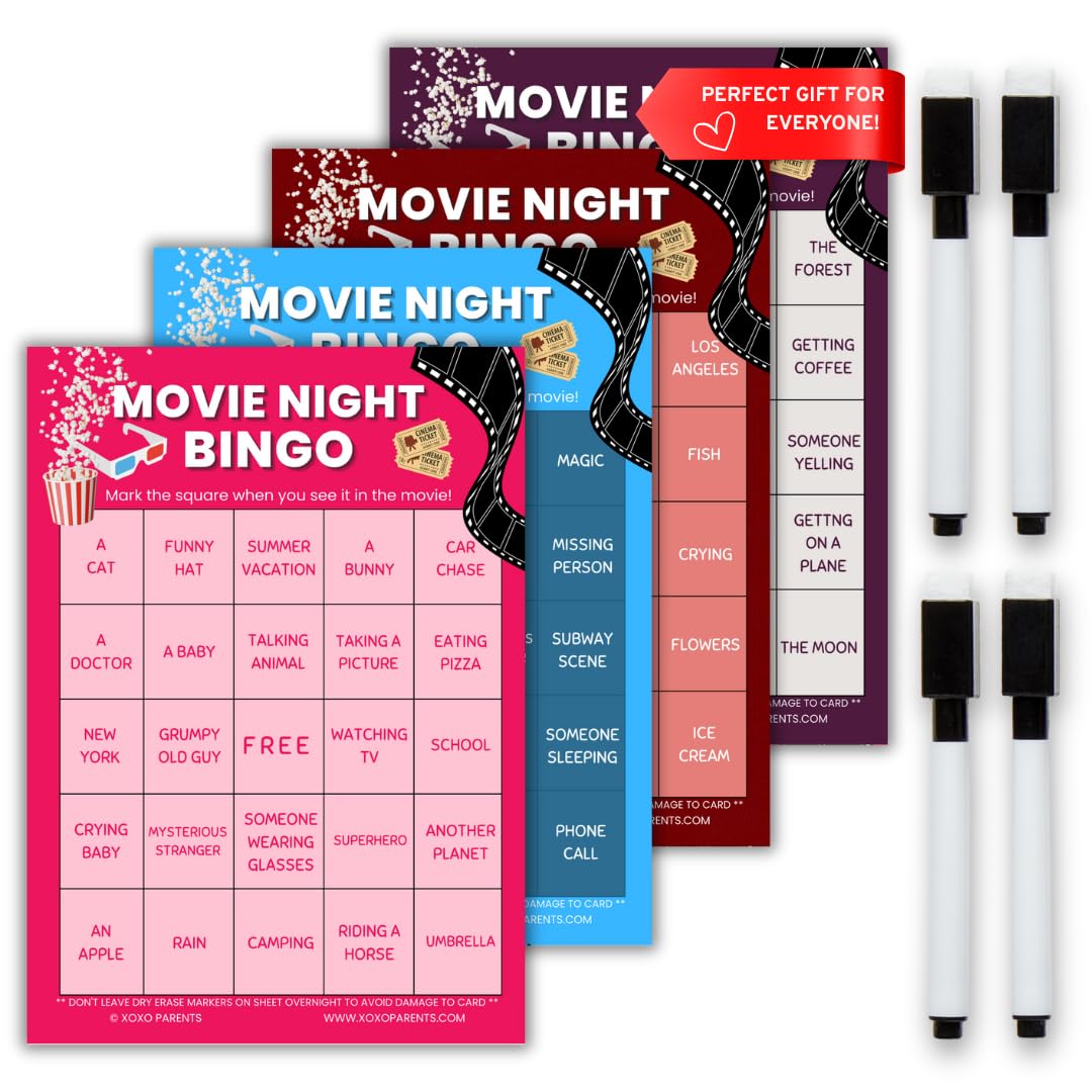XOXO Parents Movie Night Bingo Cards – 4 Reusable Cards with Dry Erase Markers