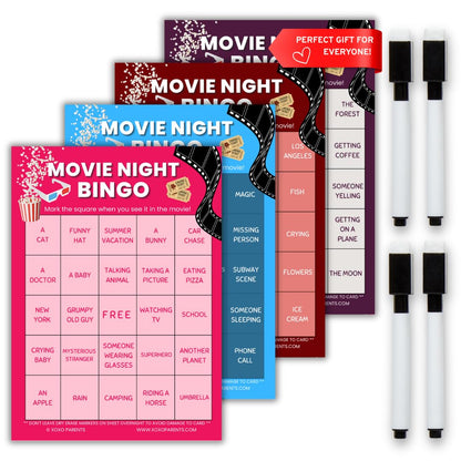 XOXO Parents Movie Night Bingo Cards – 4 Reusable Cards with Dry Erase Markers