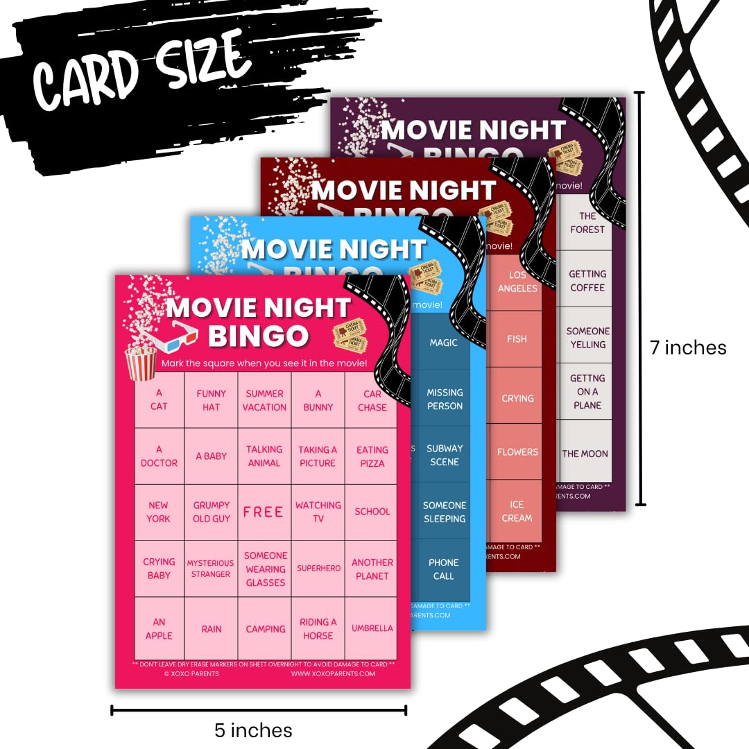 XOXO Parents Movie Night Bingo Cards – 4 Reusable Cards with Dry Erase Markers