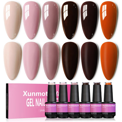 XunmotorYao Gel Nail Polish Set – 6 Colors Brown Orange Pink | Soak-Off UV/LED Nail Kit for DIY Nails