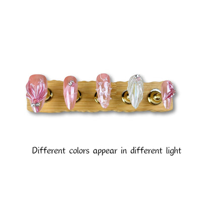 Yabonica Handmade Pearl Press On Nails – Medium Almond, 10 Pcs Pink & White with Hand-Painted 3D Design