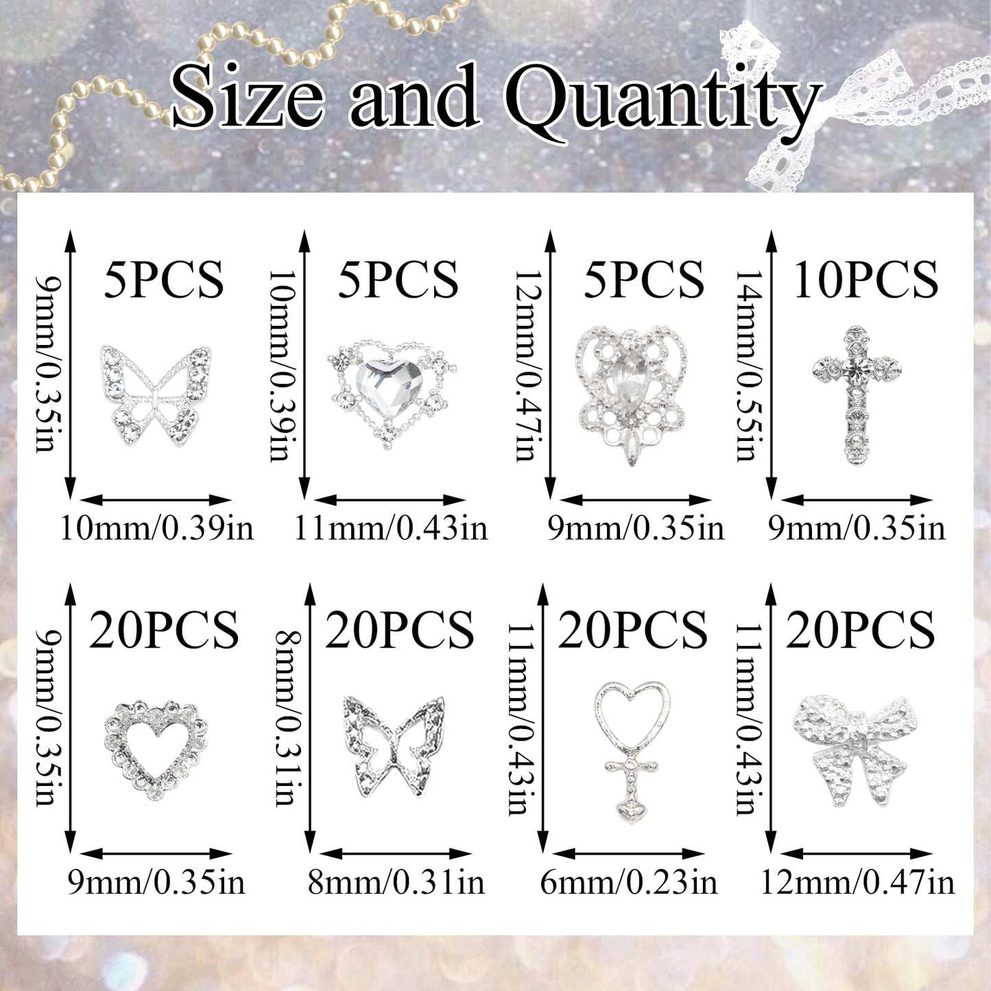 YAEISM 105PCS Silver Nail Charms – 3D Bows, Hearts, Butterflies & Crosses for Nail Art