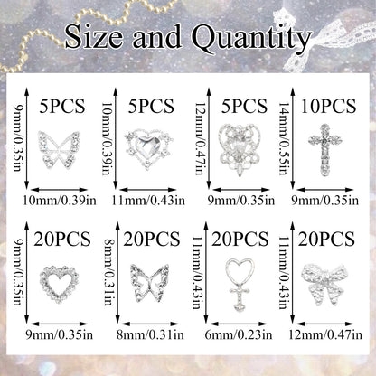 YAEISM 105PCS Silver Nail Charms – 3D Bows, Hearts, Butterflies & Crosses for Nail Art
