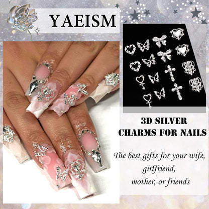 YAEISM 105PCS Silver Nail Charms – 3D Bows, Hearts, Butterflies & Crosses for Nail Art