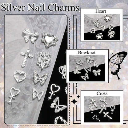 YAEISM 105PCS Silver Nail Charms – 3D Bows, Hearts, Butterflies & Crosses for Nail Art