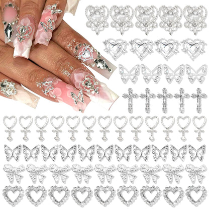 YAEISM 105PCS Silver Nail Charms – 3D Bows, Hearts, Butterflies & Crosses for Nail Art