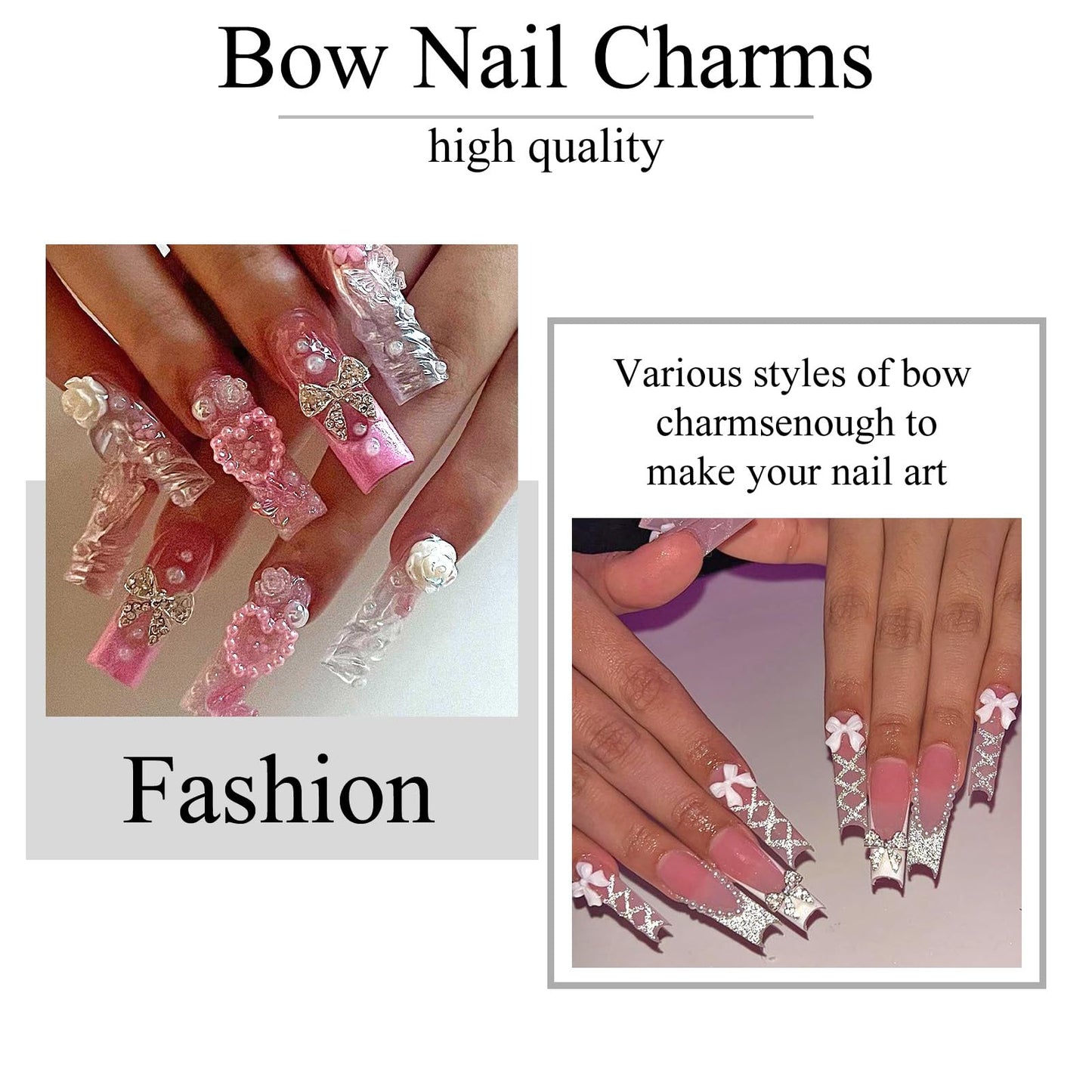 YAEISM Bow Nail Charms Kit – 70Pcs Silver Bowknot with Glue Gel & Tweezers