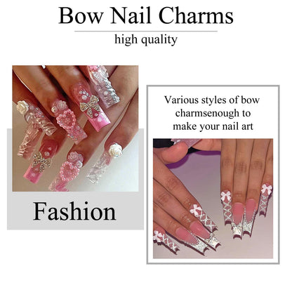 YAEISM Bow Nail Charms Kit – 70Pcs Silver Bowknot with Glue Gel & Tweezers