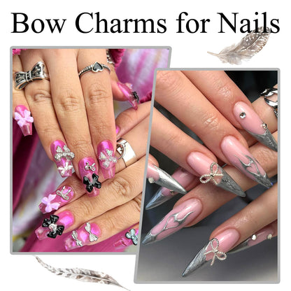 YAEISM Bow Nail Charms Kit – 70Pcs Silver Bowknot with Glue Gel & Tweezers
