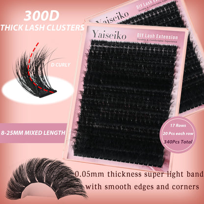 Yaiseiko Full Volume Lash Clusters 340Pcs 8-25mm | 300D D-Curl Bulk Lashes