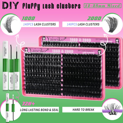 Yaiseiko Lash Clusters Kit 100D+200D Thick Volume Lashes – 12-25mm DIY Kit