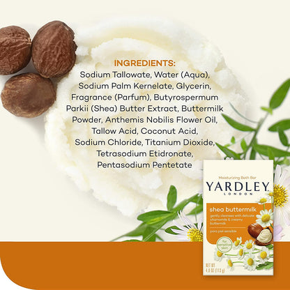 Yardley London Shea Buttermilk Bath Bar 3 Pack (4 oz Each) – Gentle, Nourishing Cleanse