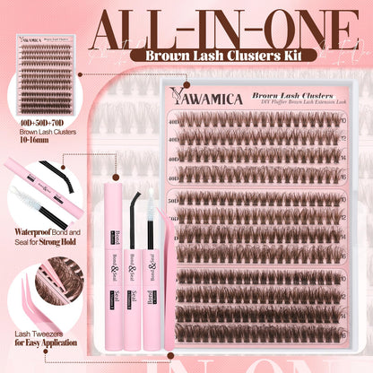 Yawamica Brown Lash Clusters Kit – DIY Fluffy Lash Extensions 10-16mm (40D-70D)
