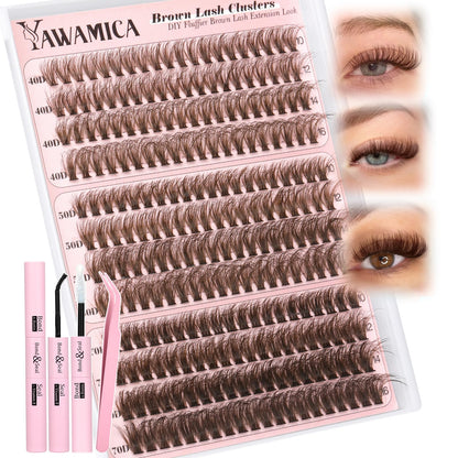 Yawamica Brown Lash Clusters Kit – DIY Fluffy Lash Extensions 10-16mm (40D-70D)