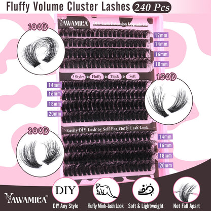 Yawamica Eyelash Extension Kit – Fluffy Volume Lashes, 14-20mm D Curl, 240pcs Clusters + Bond & Seal