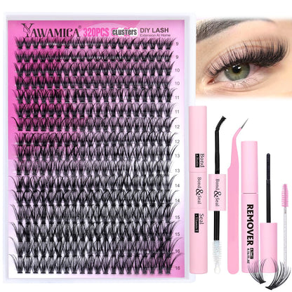 Yawamica Lash Clusters Kit 320pcs — DIY D-Curl Lashes 9-16mm with Bond, Seal & Tools