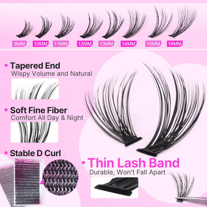 Yawamica Lash Clusters Kit 320pcs — DIY D-Curl Lashes 9-16mm with Bond, Seal & Tools
