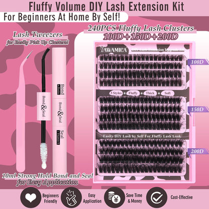 Yawamica Eyelash Extension Kit – Fluffy Volume Lashes, 14-20mm D Curl, 240pcs Clusters + Bond & Seal